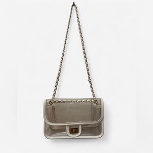 Clear plastic w/white leather trim & gold chain game day festival purse